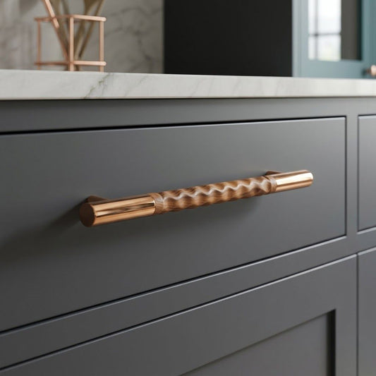 Aethelred Carved Collection Cabinet Bar Pull – Rose Gold & Textured Wood (Size)