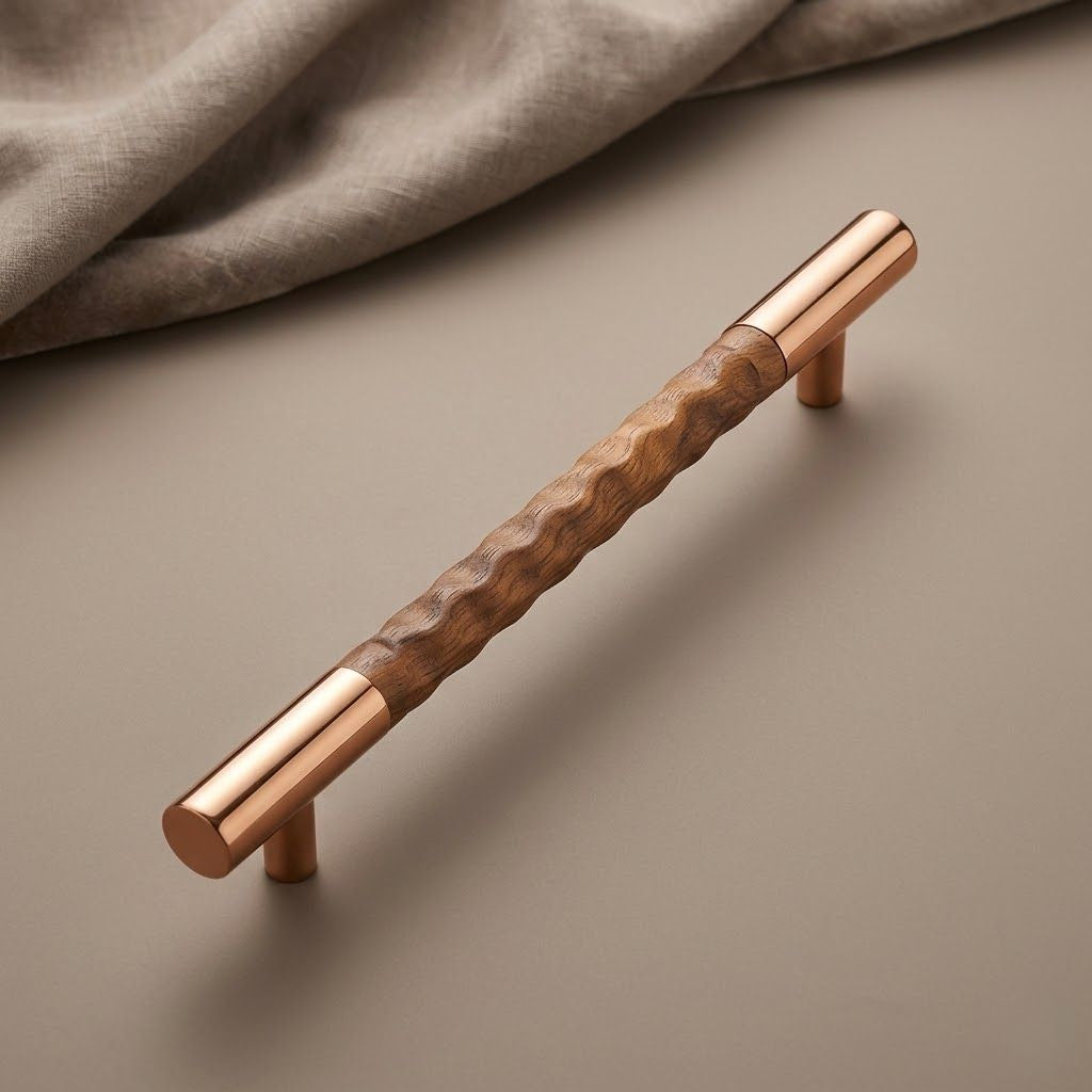 Aethelred Carved Collection Cabinet Bar Pull – Rose Gold & Textured Wood (Size)