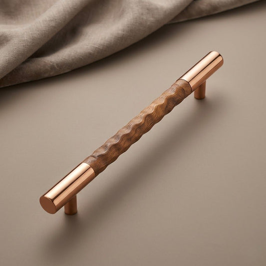 Aethelred Carved Collection Cabinet Bar Pull – Rose Gold & Textured Wood (Size)