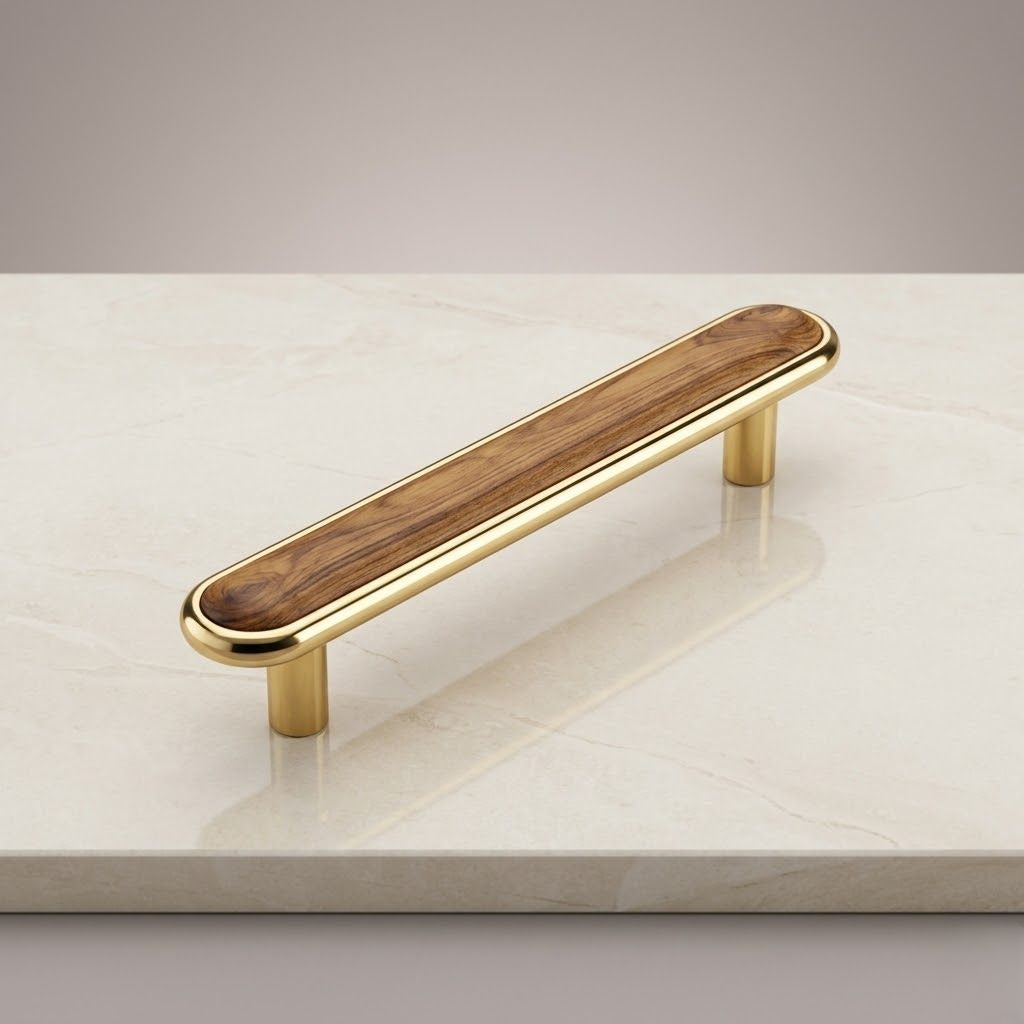 Aria Collection Premium Walnut Wood Inlay Pull – Satin Gold (224mm)