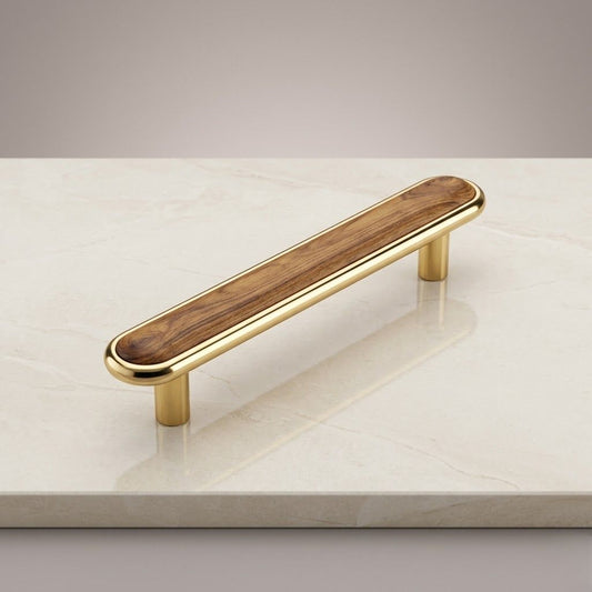 Aria Collection Premium Walnut Wood Inlay Pull – Satin Gold (224mm)