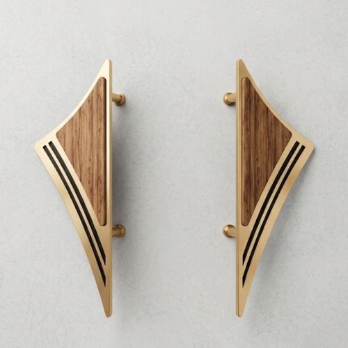 Premium Geometric Brass & Walnut Wood Double Door Pull Set (300mm)