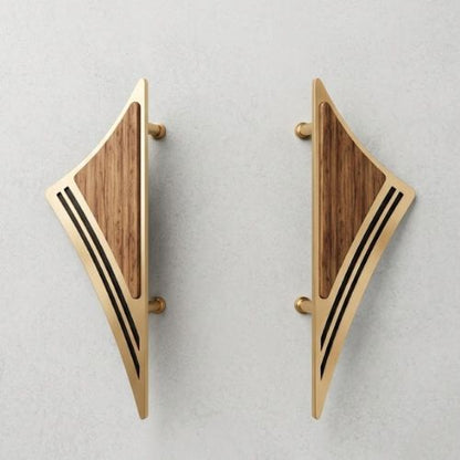 Premium Geometric Brass & Walnut Wood Double Door Pull Set (300mm)
