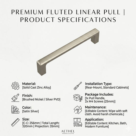 Aethel Premium Fluted Linear Cabinet Pull – Satin Silver (320mm)