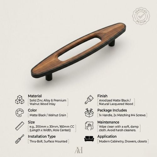 AH Modern Oval Walnut Wood Inlay Cabinet Handle – Matte Black (160mm CC)