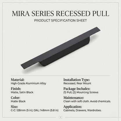 MIRA Series Recessed Edge Pull – Matte Black (128mm)