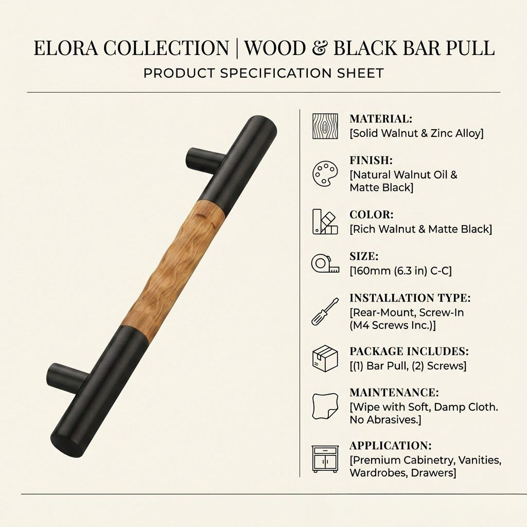 Elora Collection Wood & Black Bar Pull – Solid Walnut (160mm)