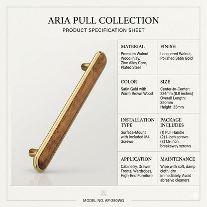 Aria Collection Premium Walnut Wood Inlay Pull – Satin Gold (224mm)
