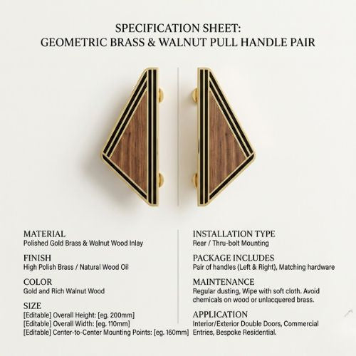 Premium Geometric Brass & Walnut Wood Double Door Pull Set (300mm)