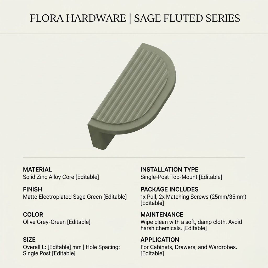 Premium Fluted Half-Moon Cabinet Pull – Matte Sage Green (96mm)