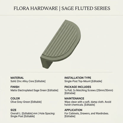 Premium Fluted Half-Moon Cabinet Pull – Matte Sage Green (96mm)