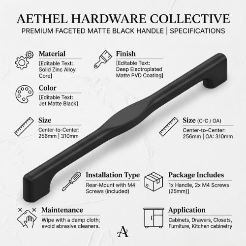 Aethel Premium Faceted Cabinet Handle – Jet Matte Black (310mm)