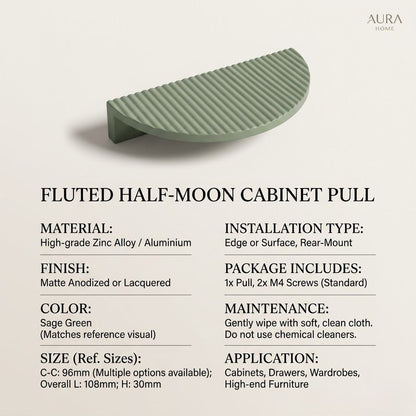 Premium Fluted Half-Moon Cabinet Pull – Matte Sage Green (96mm)