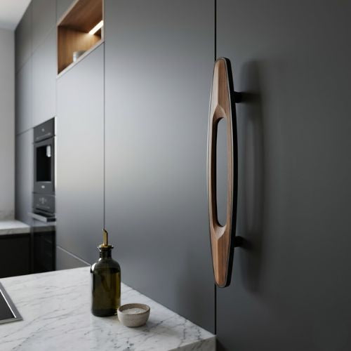 AH Modern Oval Walnut Wood Inlay Cabinet Handle – Matte Black (160mm CC)
