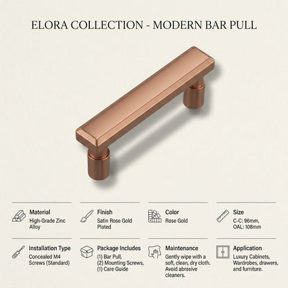 Elora Collection Modern Bar Pull – Satin Rose Gold (96mm)