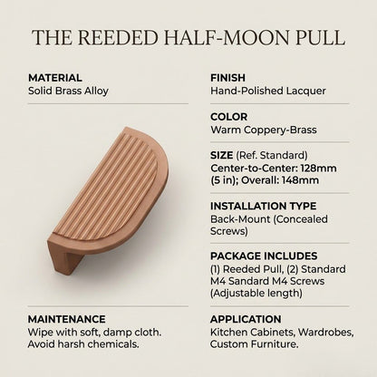 Premium Reeded Half-Moon Cabinet Pull – Warm Coppery-Brass (128mm)