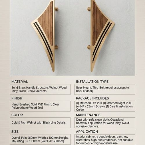 Premium Geometric Brass & Walnut Wood Double Door Pull Set (300mm)