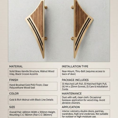 Premium Geometric Brass & Walnut Wood Double Door Pull Set (300mm)
