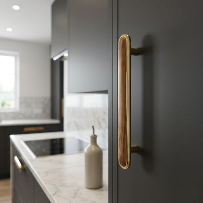 Aria Collection Premium Walnut Wood Inlay Pull – Satin Gold (224mm)