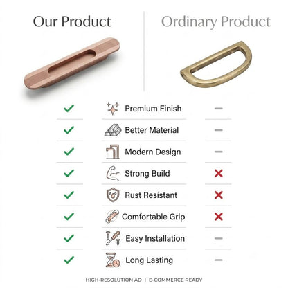 Fluted Ellipse Recessed Pull Handle - Solid Brass Rose Gold Finish