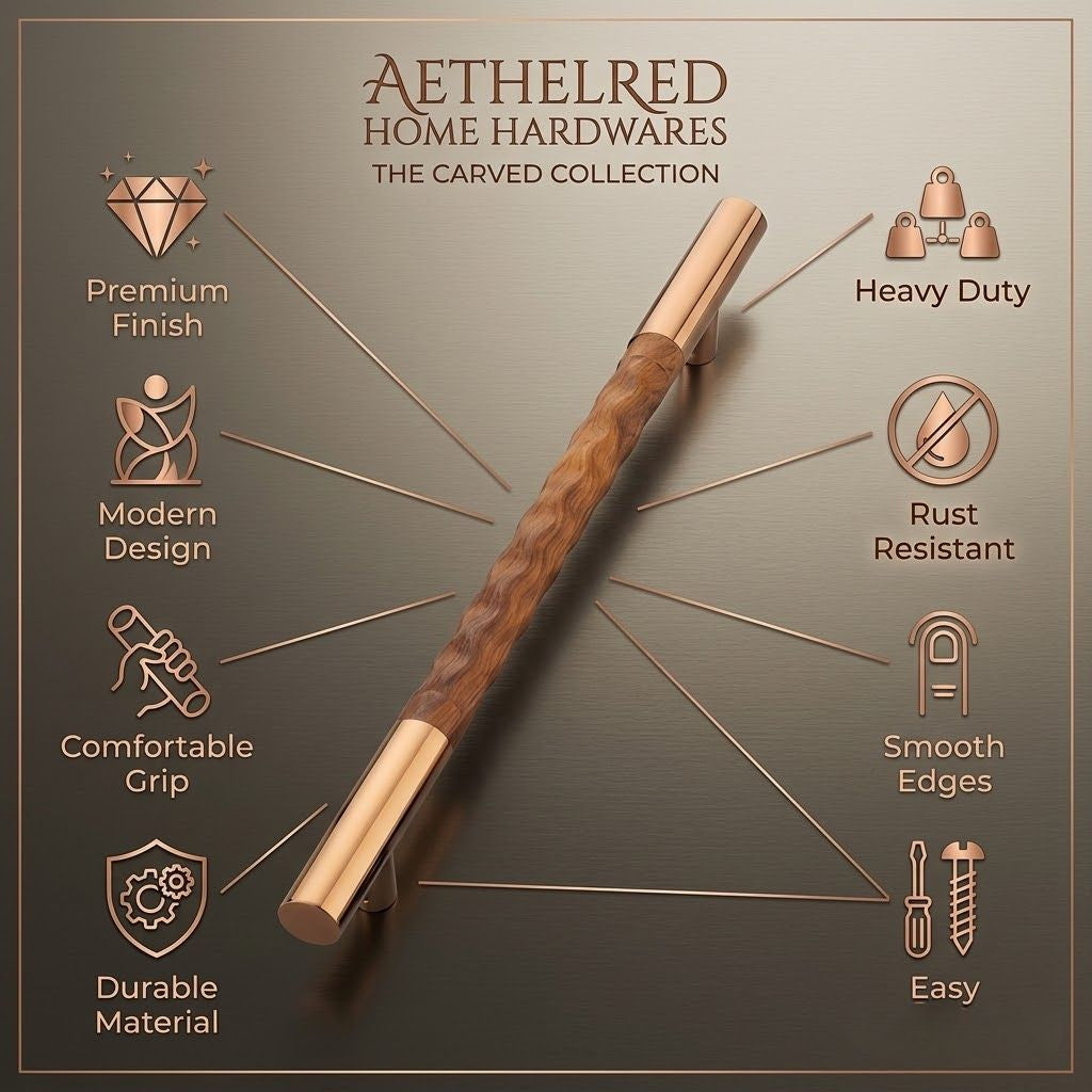 Aethelred Carved Collection Cabinet Bar Pull – Rose Gold & Textured Wood (Size)