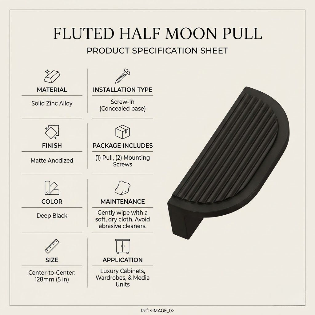 Premium Fluted Half-Moon Cabinet Pull – Deep Black (128mm)