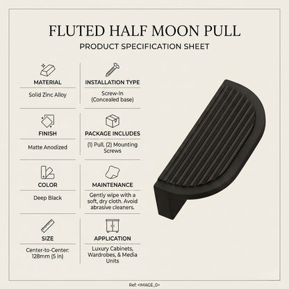 Premium Fluted Half-Moon Cabinet Pull – Deep Black (128mm)