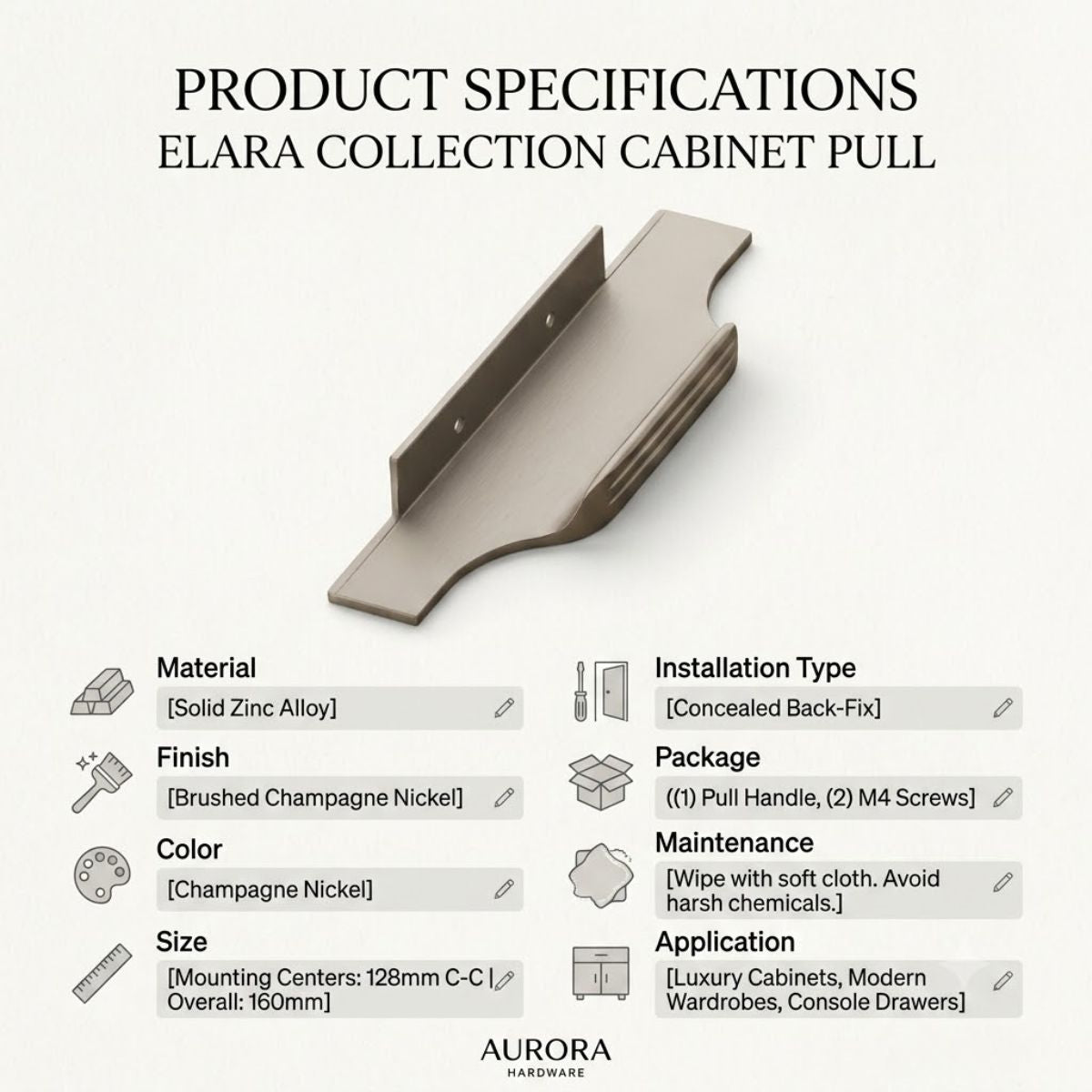 Elara Champagne Nickel Cabinet Pull - 160mm Profile Handle