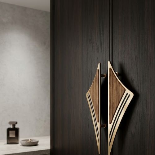 Premium Geometric Brass & Walnut Wood Double Door Pull Set (300mm)