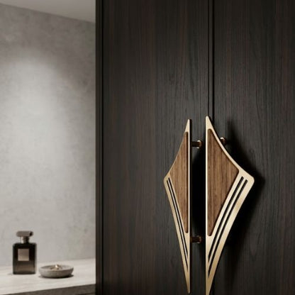 Premium Geometric Brass & Walnut Wood Double Door Pull Set (300mm)