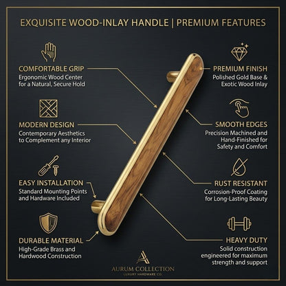 Aria Collection Premium Walnut Wood Inlay Pull – Satin Gold (224mm)