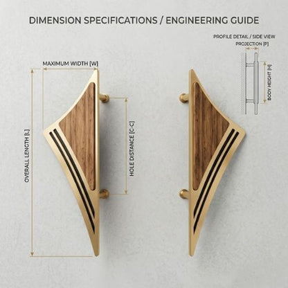 Premium Geometric Brass & Walnut Wood Double Door Pull Set (300mm)