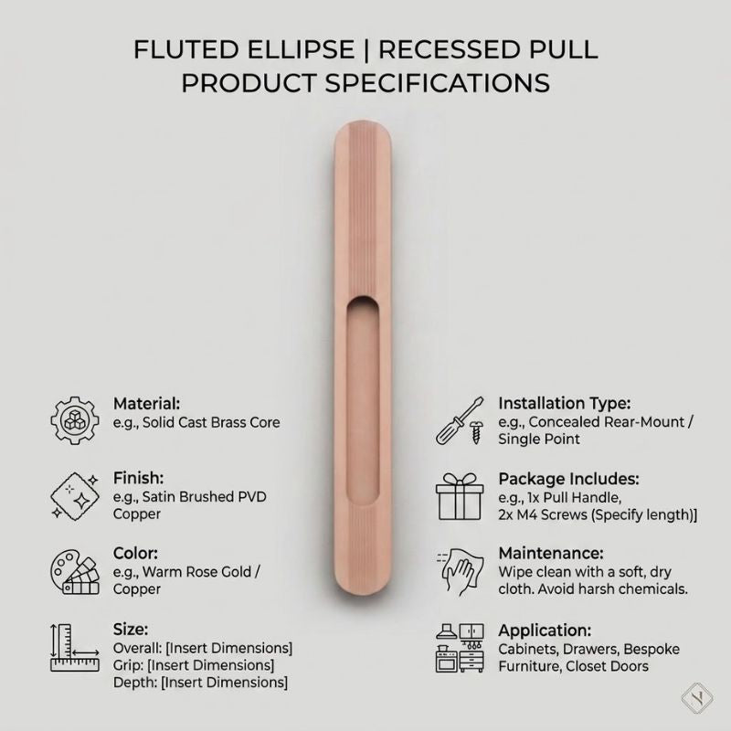 Fluted Ellipse Recessed Pull Handle - Solid Brass Rose Gold Finish