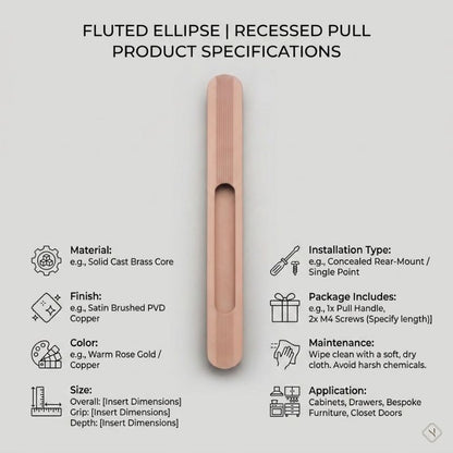 Fluted Ellipse Recessed Pull Handle - Solid Brass Rose Gold Finish