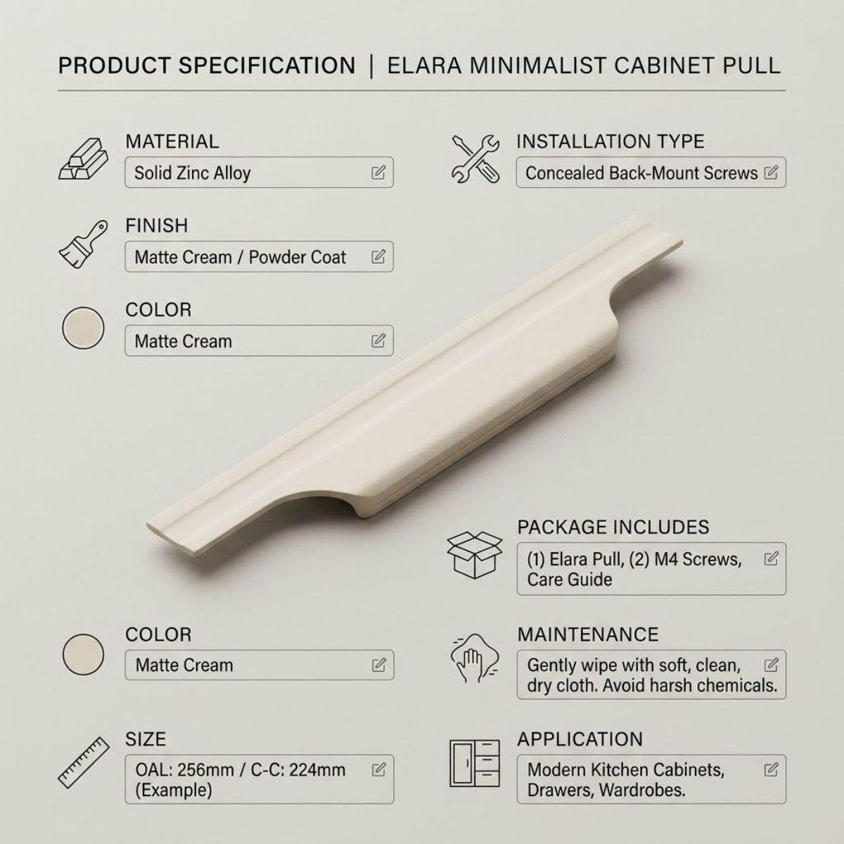 Elara Minimalist Cabinet Pull - Matte Cream Zinc Alloy Handle