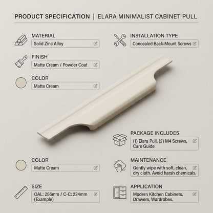 Elara Minimalist Cabinet Pull - Matte Cream Zinc Alloy Handle