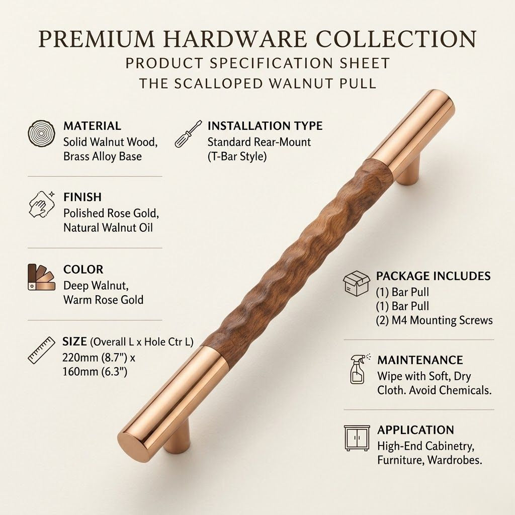 Aethelred Carved Collection Cabinet Bar Pull – Rose Gold & Textured Wood (Size)