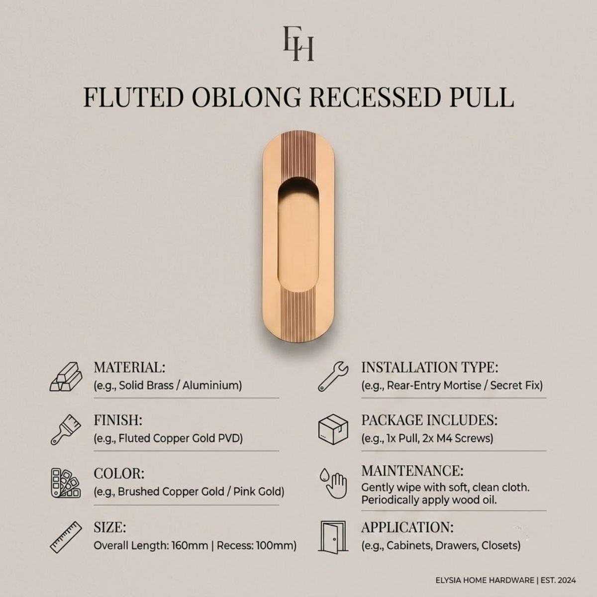 Fluted Recessed Gold Pull Handle - Solid Brass Hardware