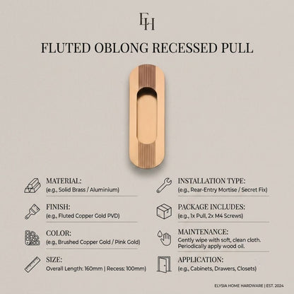 Fluted Recessed Gold Pull Handle - Solid Brass Hardware